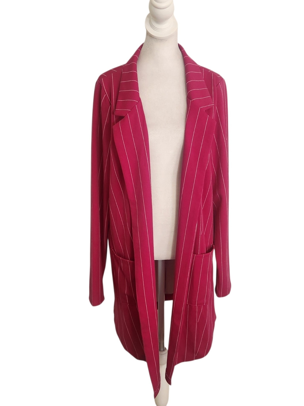 LuLaRoe Magenta and White Pinstripe Longline Open Blazer Size Large